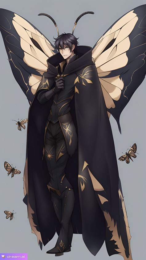 Feather Character Design, Moth Humanoid Male, Butterfly Oc Male, Butterfly Character Design Male, Moth Character Design Male, Moth Boy Oc, Bee Humanoid, Moth Hybrid Human, Moth Oc Male