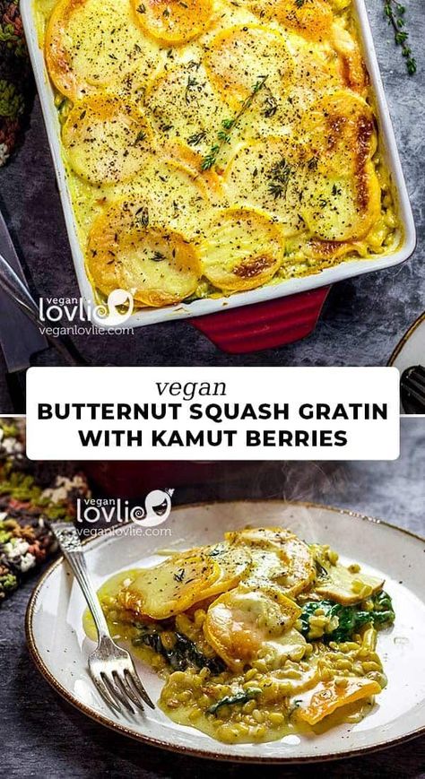 Vegan butternut squash gratin with kamut berries, smoked tofu and spinach  #butternutsquash #vegangratin #kamut Vegan Gratin, Kamut Recipes, Tofu And Spinach, Squash Gratin, Butternut Squash Gratin, Vegan Feast, Smoked Tofu, Vegan Butternut Squash, Luteal Phase