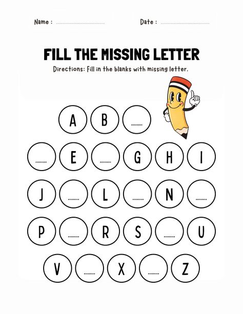 Engage young learners with our fill-in-the-blank alphabet assignment, ready for instant download. This printable worksheet features missing letters in the alphabet, encouraging children to practice letter recognition and sequencing. Ideal for preschool and kindergarten students, it makes learning the alphabet interactive and enjoyable. Download, print, and let the alphabet fun begin! Alphabet Fill In The Blank Worksheet, Abc Fill In The Blank Worksheets, First Grade Alphabet Worksheets, Worksheet For Kindergarten Alphabet, Alphabet Review, Learn Alphabet, Abc Learning, Kindergarten Letter Recognition, Alphabet Free Printable Letters