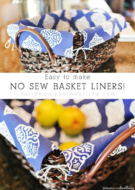 Learn how to line a basket with fabric without any sewing skills needed! Follow these simple instructions and step by step instructions on how to take a wicker basket and make DIY basket liners with no sewing involved. Delineate Your Dwelling #nosewbasketliner #nosewproject #basketliner No Sew Basket, Sew Basket, Fabric Basket Liners, Sewing Simple, Square Baskets, Sewing 101, Basket Liners, Bike Basket, Easter Basket Diy