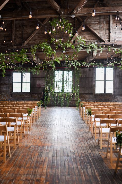 Brick Wedding Venue Decor Industrial Chic, Greenpoint Loft Wedding, Brick Wedding Venue Decor, Brick Wedding Venue, Industrial Wedding Ceremony, Loft Wedding Ceremony, Indoor Forest, Hanging Greenery, Dark Green Wedding