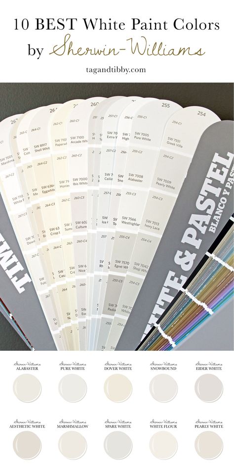 10 Best White Paint Colors by Sherwin-Williams — Tag & Tibby Design Best White Paint Colors, Warm Neutral Paint Colors, Eider White, White Interior Paint, White Wall Paint, Sherwin Williams White, Best White Paint, Off White Paints, Neutral Paint Colors