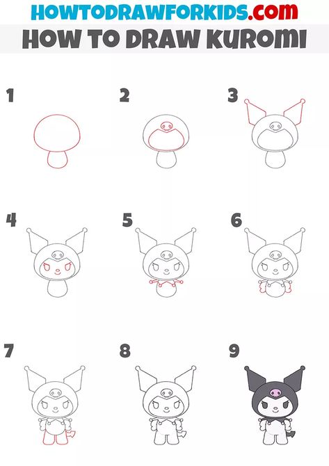 How to Draw Kuromi - Easy Drawing Tutorial For Kids Kuromi Drawing Easy Step By Step, Kuromi Simple Drawing, Kuromi Drawing Tutorial, How To Draw Hello Kitty Characters Step By Step, Kuromi How To Draw, How To Draw Kuromi Sanrio Step By Step, Kuromi Drawing Sketch, Kuromi Drawing Step By Step, How To Draw Hello Kitty Characters