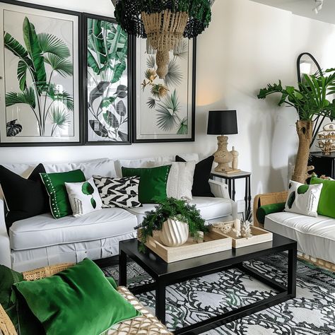 Modern Boho Living Space in Black, White and Green [Room Concept] Boho Green Couch Living Room, White And Dark Green Living Room, Black White And Green Apartment, Gray And Green Living Room Ideas, Black And Green Home Decor, Boho Living Room Black, Black White And Green Living Room, White And Green Room, Gray And Green Living Room