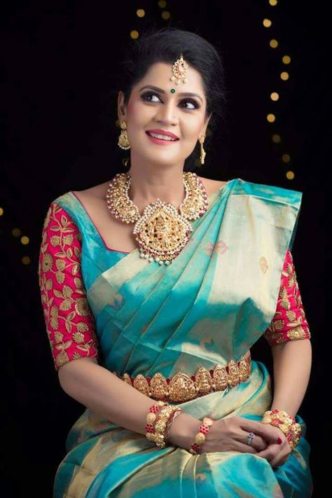 Blue pattu saree Bridal Blouse Design, Pattu Saree Blouse Designs, Wedding Saree Blouse Designs, Wedding Blouse Designs, Indian Saree Blouses Designs, Silk Saree Blouse Designs, Maggam Work Blouse Designs, Blouse Designs Silk, Wedding Blouse