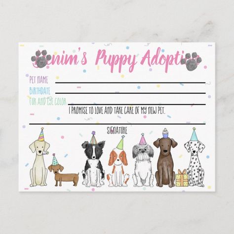 Stuffed Toy Puppy Adoption Card for Party Favor | Zazzle.com Puppy Adoption Birthday Party, Pet Adoption Birthday Party, Hello Greeting, Puppy Birthday Parties, Adoption Party, Puppy Birthday, Dog Birthday Party, Dog Party, Puppy Party