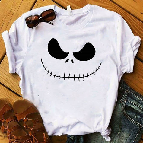 Perfect for Halloween or day to day Jack Skellington T-Shirt! ** Stock up now! :)  #JackSkellington #NightmareBeforeChristmas #Halloween #Costume #Tshirt #Cute #SpookySeason Jack Skelton, Scary Cute, Halloween Clothing, Pumpkin Face, New Year's Crafts, Face Print, Cat Fabric, Pumpkin Faces, Milk Silk