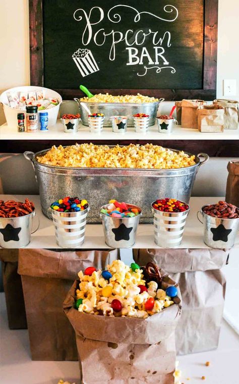 The Ultimate Popcorn Bar by lifestyle blogger Jessica of Happily Hughes Popcorn Bar Party, Movie Night Popcorn, Backyard Movie Nights, Movie Night Party, Popcorn Bar, Movie Birthday, 13th Birthday Parties, Movie Party, Sweet 16 Parties