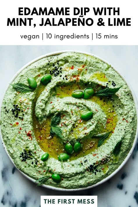 This edamame dip is a great addition to your easy vegan appetizer rotation, featuring edamame, mint, jalapeño, and lime. If you've been looking for vegan appetizers for party, or just some new vegan dip recipes to try, this recipe won't disappoint! Add it to your list of light veggie appetizer ideas. Edamame Dip, Dairy Free Appetizers, Vegan Appetizers Recipes, Laura Wright, Edamame Beans, Vegan Dip, Easy Dips, Meatless Mondays, Appetizers Recipes