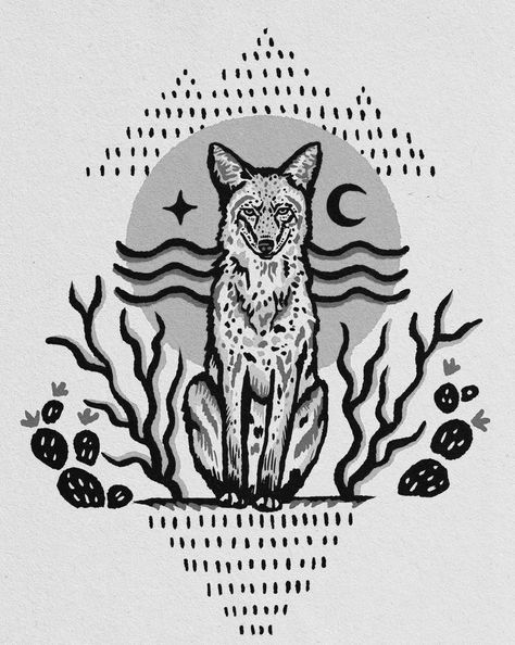 Desert Bird Tattoo, Desert Coyote Tattoo, Western Coyote Tattoo, American Traditional Coyote Tattoo, Western Tattoo Drawings, Desert Animal Tattoo, Western Theme Tattoo Sleeve, South Western Tattoo, Coyote Art Drawing