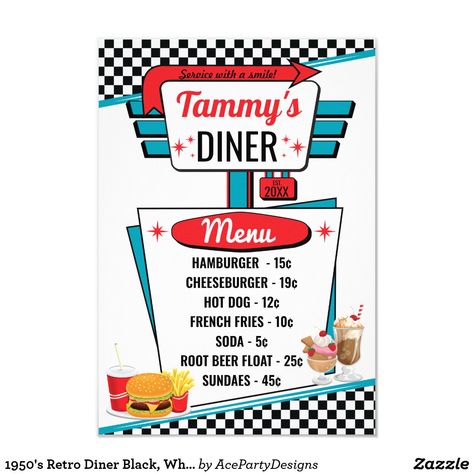 50s Theme Parties, Diner Aesthetic, 1950s Diner, Diner Menu, Diner Party, 50s Diner, Vintage Diner, Vintage Menu, Dinner Party Menu