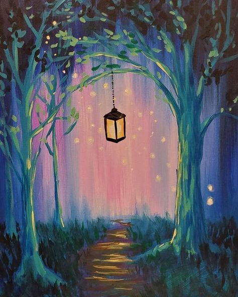 Easy Firefly Painting, Glow Art Painting, Journey Painting Ideas, Fireflies Acrylic Painting, Easy Paint Party Paintings, Magical Paintings Easy, Forest Painting On Canvas, Fairy Tale Painting Ideas, How To Draw Fireflies