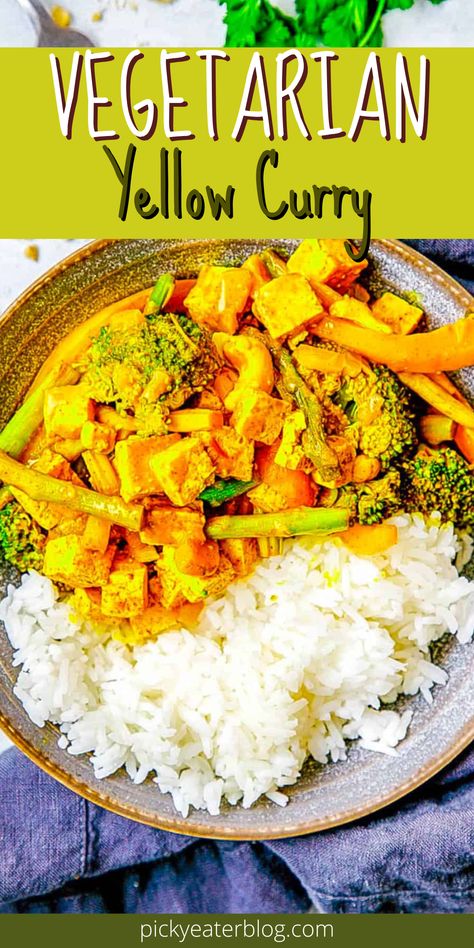 This Tofu Thai Yellow Curry recipe is a vegetarian and vegan-friendly makeover of the classic dish you’ll find on the menu at your favorite Thai restaurant. It’s lighter, healthier, yet still restaurant quality! Thai Yellow Curry Vegetarian, Yellow Thai Curry Recipe, Thai Curry Recipes Vegetarian, Vegetarian Yellow Curry, Thai Yellow Curry Recipe, Vegetarian Dishes Healthy, Veggie Recipes Easy, Easy Vegetarian Curry, Yellow Curry Recipe