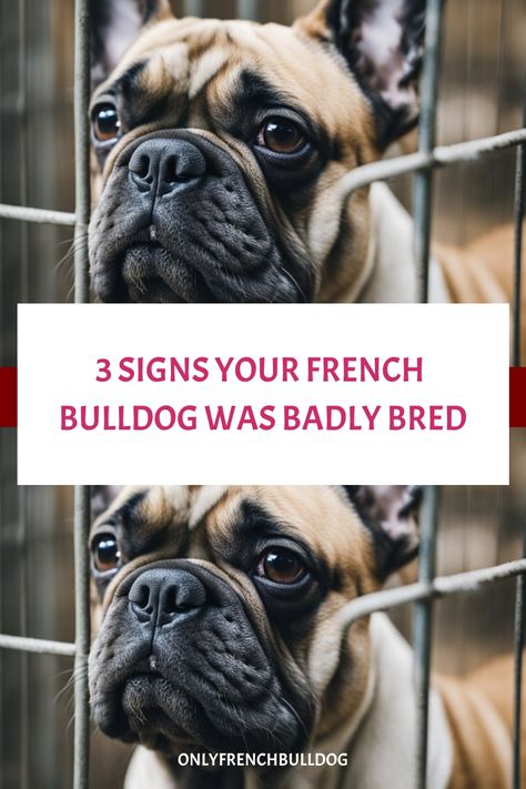 French Bulldog behind metal bars with text: "3 Signs Your French Bulldog Was Badly Bred". French Bulldog Must Haves, Breeding French Bulldogs, French Bulldog Breeding, French Bulldog Information, French Bulldog Prices, French Bulldog Full Grown, Puppy Schedule, Facts And Myths, French Bulldog Breeders