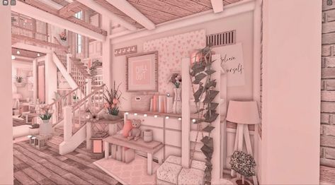 Aesthetic Bloxburg House Inspo Exterior, Bloxburg House Stairs, Blush Bloxburg Kitchen, Kawaii Bloxburg House Exterior, Entry Way Bloxburg Ideas, Bloxburg Spring House Interior, Blush House Bloxburg, Blush Bloxburg House, Bloxburg Blush House