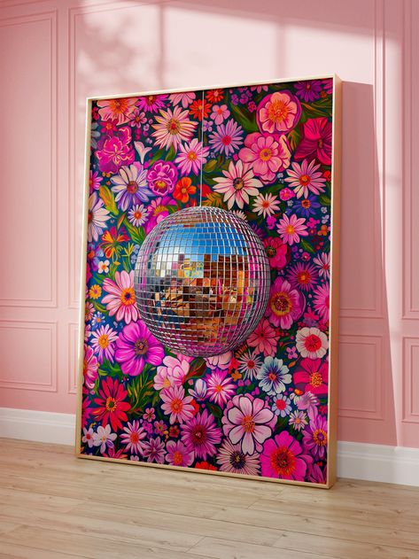 Brighten up your living room with a printable wall art featuring a maximalist oil painting of a disco ball. This vivid and bold artwork combines the vibrant energy of a disco ball with botanical elements, creating a dynamic and eye-catching dopamine decor piece. Perfect for those who love colorful and trendy kitsch style, this pink print adds a playful and lively touch to any space. Instantly downloadable, it offers a quick and stylish way to transform your decor with a fun and unique statement Ashley Longshore Inspired Art, Diy Maximalist Wall Art, Fun Ways To Paint Walls, Pink Disco Room, Disco Ball Living Room, Disco Balls Aesthetic, Statement Art Living Room, Disco Room, Disco Ball Painting