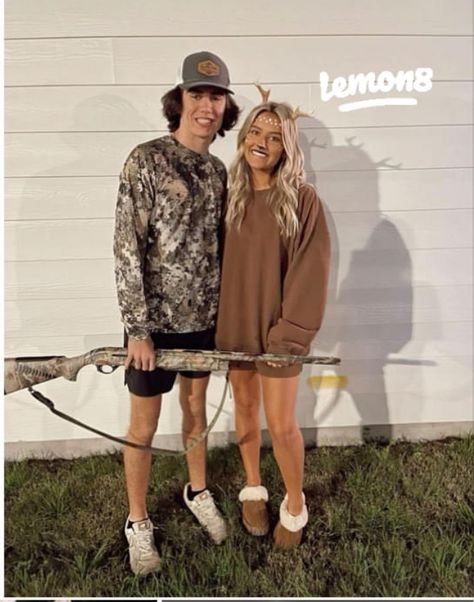 Couple Dress Up Costumes, Two Man Halloween Costumes, Doe And Hunter Couple Costume, At Home Couple Costumes, Hunting Costume Ideas, Deer And Hunter Costume Couple, Dynamic Duo Couples Costumes, Hunter And Doe Couple Costume, Cute Simple Couple Halloween Costumes