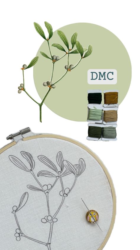 Dive into the art of embroidery with this stunning mistletoe design, perfectly paired with DMC thread colors. Ideal for adding a festive touch to your textile projects, this pattern is suitable for all skill levels. Follow the color guide and bring this beautiful botanical piece to life. #EmbroideryPattern #Mistletoe #TextileArt #DMCTHreads #HandEmbroidery #FestiveCrafts #CreativeStitching Mistletoe Embroidery, Dmc Palette, Textile Projects, Festive Crafts, Color Guide, Dmc Thread, Textile Art, Embroidery Design, Embroidery Patterns