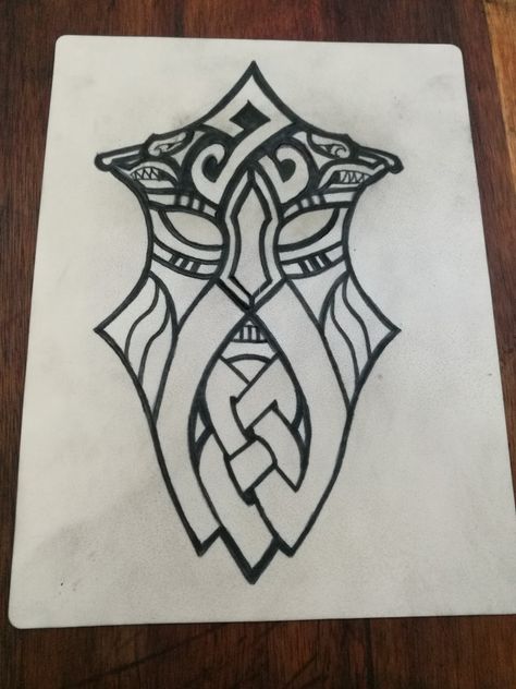 Simple Norse Design, Valkery Wallpaper, Dwarven Tattoo Design, Norse Illustration, Viking Line Art, Viking Knotwork Tattoo, Nordic Drawings, Viking Art Drawing, Viking Stencil