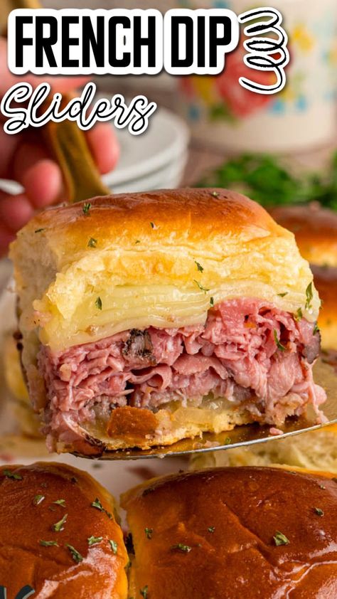 These easy-to-make sliders are packed with tender roast beef, gooey provolone, and sweet caramelized onions, all baked to perfection. Serve with a savory au jus for dipping and enjoy a deliciously satisfying meal or appetizer! Perfect for game day or any gathering. French Dip Sliders, Beef Appetizers, Tender Roast Beef, Slider Rolls, Slider Sandwiches, Sliced Roast Beef, Appetizer Sandwiches, Beef Sliders, Cast Iron Recipes