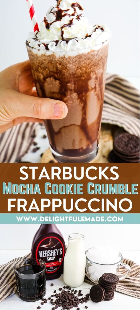 EASY Mocha Cookie Crumble Frappuccino Recipe {Copycat Starbucks} Copycat Recipes Starbucks, Starbucks Mocha Cookie Crumble Recipe, Cookie Crumble Frappuccino Recipe, Starbucks Chocolate Chip Cookies, Diy Mocha Cookie Crumble Frappe, Chocolate Cookie Crumble Creme Frappuccino, Homemade Mocha Cookie Crumble Frappuccino, Mocha Cookie Crumble Frappuccino Recipe, Cookie Crumble Frappuccino