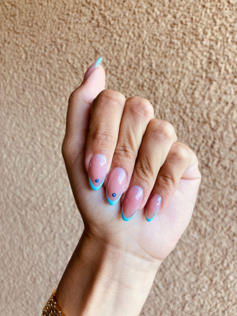 Light Blue Evil Eye Nails, Blue Evil Eye Nails, Light Blue French Tip Nails, Light Blue French Tip, Nails Evil Eye, Nails Light Blue, Blue French Tip Nails, Light Blue Evil Eye, Blue French Tip