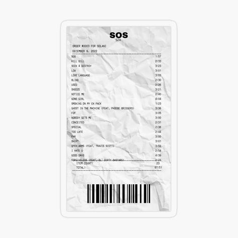 Get my art printed on awesome products. Support me at Redbubble #RBandME: https://www.redbubble.com/i/sticker/SOS-by-SZA-album-receipt-by-art-by-nashe/158919360.O9UDB?asc=u Rnb Collage, Sza Sticker, Receipt Sticker, Album Receipt, Follow For More, Awesome Products, My Art, Collage, Art Prints