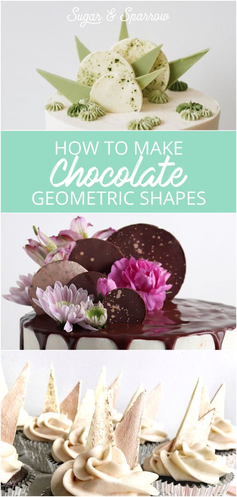 How to create chocolate geometric shapes for topping cakes and cupcakes | Sugar & Sparrow | #cake #cakeideas #chocolate #cakedecorating #chocolateshards Chocolate Cake Toppers Diy, Chocolate Shards Cake Decoration, Decorating Chocolate Cake Ideas, Chocolate Bark Cake, Chocolate Shard Cake, Temper Chocolate, Chocolate Tempering, Chocolate Cake Toppers, Chocolate Toppers