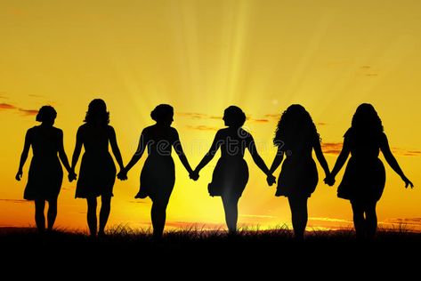 Photo about Silhouette of six young women, walking hand in hand. Image of active, healthy, lifestyle - 45817549 6 Friends, Walking Hand In Hand, People Holding Hands, Christian Comics, Hand Silhouette, Six Girl, Basket Drawing, Silhouette People, Stock Photos Woman