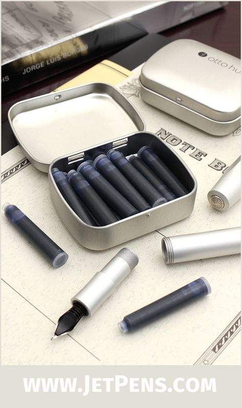 Standard international sized Otto Hutt Fountain Pen Ink Cartridges are available in black or blue, and come in a metal tin. Fountain Pen Ink Storage, Fountain Pens Calligraphy, Pen Art Drawings, Pen Collection, Writing Accessories, Calligraphy Ink, Drawing Pen, Pen Sketch, Pencil And Paper