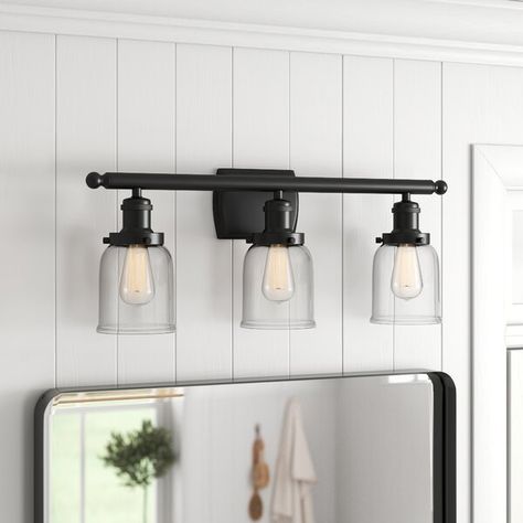 Breakwater Bay Calvillo 3 - Light Dimmable Vanity Light | Wayfair Chrome And Black Bathroom Fixtures, Chrome And Black Bathroom, Clear Vanity, Black Bathroom Fixtures, Black Vanity Light, Black Vanity, Wayfair Furniture, Modern Baths, Bathroom Wall Lights