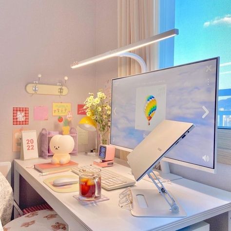 Pc Setup In Front Of Window, Girly Coding Aesthetic, Aesthetic Room Colorful, Laptop Set Up, Work Table Aesthetic, Laptop And Monitor Desk Setup, Desk Aesthetic Inspiration, Cute Desk Setup, Aesthetic Desks