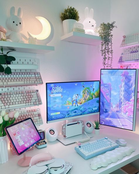 Happy Monday! ♡ Wishing you all lovely start to your week! 😊🤍 Lovely Partners: @cozymeg @nhu_hugs @shai.daily @teal.days @windiaries_ @blosssom.space • • • • • Tags ♡ | desk setup | desk inspiration | soft aesthetic| soft girl vibe | cozy gaming | cozy vibes | pc setup | cozy gamer | cute desk | #gamingsetup #desksetupideas #cozydesksetup #deskgram #pcgamingsetup Soft Gaming Aesthetic, Pastel Pc Setup, Gaming Office Ideas, Province Life, White Setup, Gaming Entertainment Center, Workspace Aesthetic, Cozy Setup, Games Room Inspiration