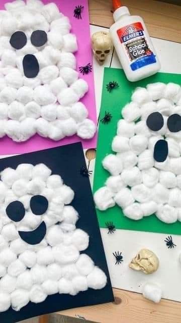 Easy Halloween Arts And Crafts For Kids, Halloween Easy Arts And Crafts, Halloween Crafts Easy Kids, Halloween Crafts For Party, Class Halloween Party Crafts, Cotton Ball Ghost Craft, Cottonball Ghosts, Ghost Toddler Craft, Halloween Crafts Kids Easy