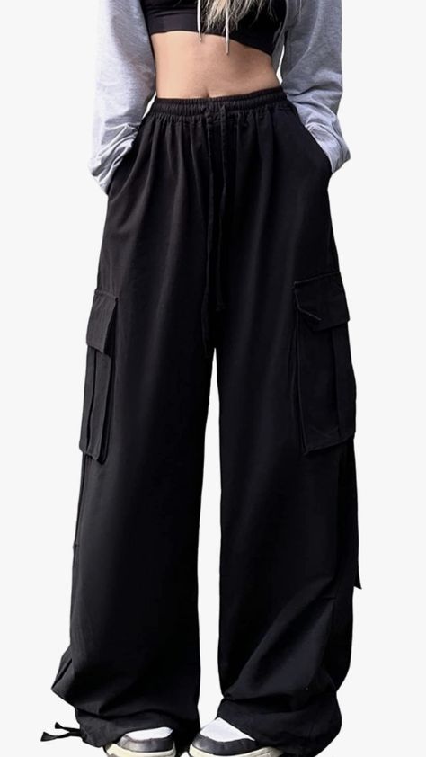 https://amzn.to/3D0re2l Black Baggy Pants Women, Black Baggy Pants Outfit, Black Baggy Trousers, Y2k Parachute Pants, Black Baggy Cargo Pants, Cargos Black, Fall Trousers, Vintage Cargos, Cargo Pants Women Baggy