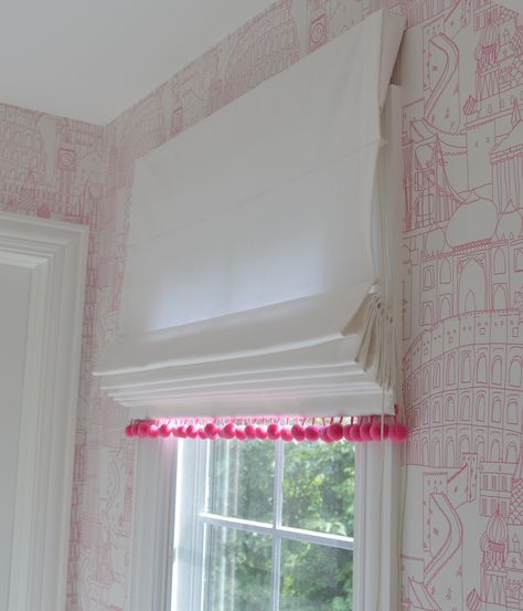 Love this sweet roman with pink pom poms Roman Shades Bathroom, Outside Mount Roman Shades, Roman Shades Living Room, Bathroom Outside, Living Arrangements, Valances For Living Room, Living Room Transitional, Modern Farmhouse Living Room, Roman Shade