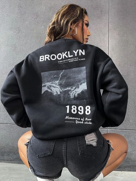 Slogan & Hand Print Thermal Lined Sweatshirt | SHEIN USA Black Nike Sweatshirt Women, Sweatshirt Prints Ideas, Black Graphic Sweatshirt, Hoodies Black Women, New York Tshirt Design, Black Hoodie Design, Hoodies Design Ideas, Black Sweatshirt Outfit, Sweatshirt Design Ideas