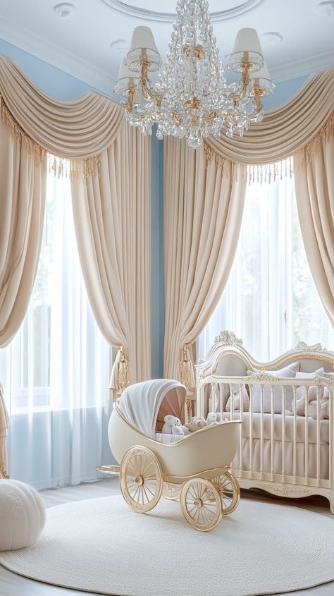 Elegant gender-neutral nursery with light blue walls, vintage carriage, chandelier, and pastel pink accents. Serene Nursery, Gender Neutral Nursery Design, Room Pastel, Vintage Cinderella, Nursery Designs, Stunning Chandelier, Dreamy Atmosphere, Light Blue Walls, Cinderella Carriage