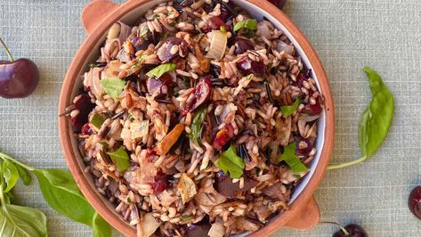 Wild Blend With Cherries And Almonds | Lundberg Family Farms Wild Rice Blend, Strawberry Rhubarb Compote, Rice With Beans, Rice Diet, Savory Sides, Farm Fresh Recipes, Pot Dinners, Egg Free Recipes, Caribbean Style