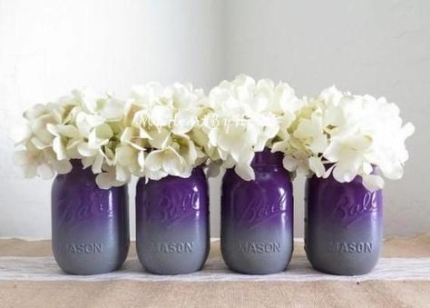 Plum and grey wedding decor Purple And Grey Wedding, Purple Mason Jars, Purple Wedding Centerpieces, Gold Mason Jars, Purple Bridal Shower, Glitter Mason Jars, Gray Ombre, Plum Wedding, Bottle Craft