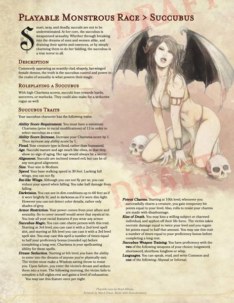 Dnd Homebrew Race Cute, Dnd 5e Homebrew Succubus, Dnd Subraces Homebrew, Dnd 5e Races List, D&d Character Races, Dnd Barbarian Items, Dnd 5e Homebrew Succubus Race, Races Dnd 5e, Dnd Character Classes