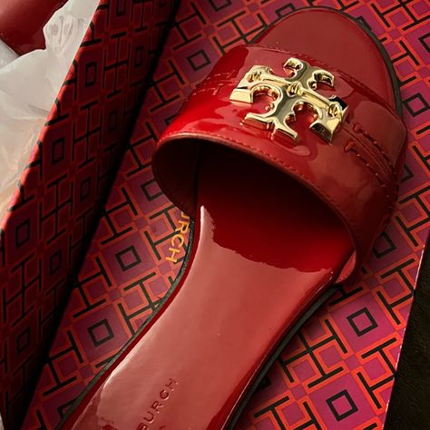 Color Red/Gold Flat Sandals Size 7 Never Worn Before Runs Small Red Tory Burch Sandals, Tory Burch Sandals Outfit, Tory Burch Slides, Gold Flat Sandals, Cute Slides, Red Flats, Sandals Outfit, Tory Burch Sandals, Chanel Sandals