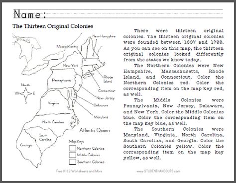 Thirteen Original Colonies Map - Primary Worksheet - Free to print (PDF file). For grades K-3. 13 Original Colonies, 13 Colonies Worksheet, 13 Colonies Map, 13 Colonies Activities, Virginia Studies, 13 Colonies, Teaching Us History, 7th Grade Social Studies, Thirteen Colonies