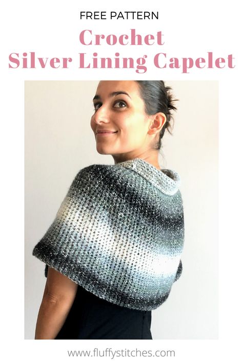 A beautiful layering piece, perfect for a romantic night out. Find out more about the Crochet Silver Lining Capelet and get the free pattern from the blog. #valentinesday #crochetcapelet #romanticwrap Free Crochet Capelet Patterns, Caplet Pattern, Cape Au Crochet, Crochet Capelet Pattern, Crochet Caplet, Capelet Pattern, Crochet Silver, Crochet Capelet, Single Crochet Decrease