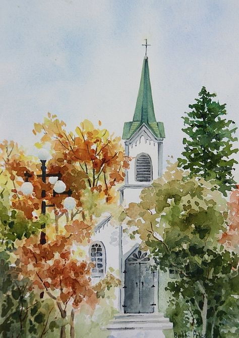 Country Churches, Watercolor Architecture, Watercolor Paintings For Beginners, Watercolour Inspiration, Architecture Drawing Art, Cottage Art, 수채화 그림, Watercolor Landscape Paintings, Watercolor Flowers Paintings