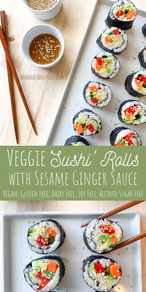 vegan sushi rolls Healthy Sushi Rolls, Sesame Ginger Sauce, Ginger Dipping Sauce, Vegetarian Sushi Rolls, Gluten Free Sushi, Veggie Sushi Rolls, Vegan Sushi Rolls, Healthy Sushi, Veggie Sushi