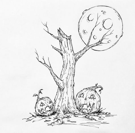 ‪#inktober #inktober2019 17/31 #Halloween #halloween2019 #illustration #sketch #sketchbook #ink #haunted #tree #cute #fun  #pumpkins #moon #comic #jackolantern #mikephillipsart 235/365‬ Halloween Themed Sketches, Pumpkin Ink Drawing, Pumpkin Moon Tattoo, Simple Halloween Sketches, Halloween Tree Drawing, Fall Sketches Drawing, Angel Bedroom, Holiday Sketches, Autumn Sketches