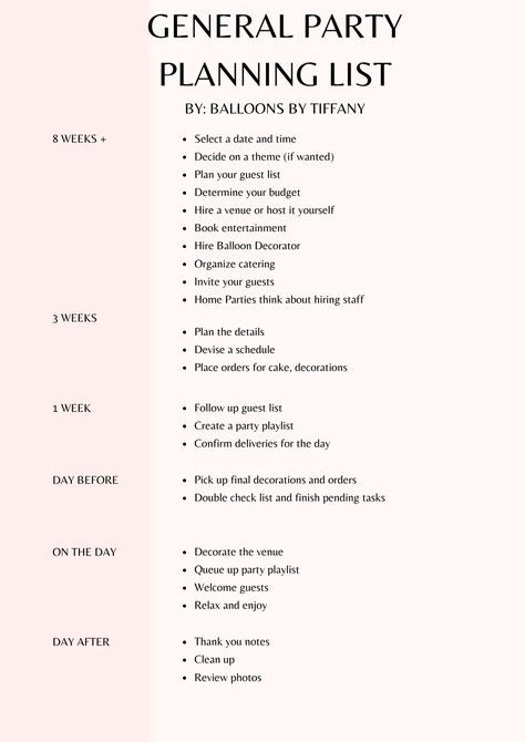 Does planning a party overwhelm you? Trust me you are not the only one I have created a general guide to planning a party and of course do not forget your balloon decor! How To Plan Party, How To Plan Your Birthday Party, How To Plan A Party, Party Planning Aesthetic, Party To Do List, Party Planning Template, Birthday Plan Ideas, Party Planning List, Party Planner Template