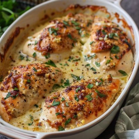 Baked Caesar Chicken Creamy Caesar Chicken And Mushroom Bake, Baked Caesar Chicken Recipes, Cesar Chicken Baked, Ceaser Chicken Breast Recipes, Caesar Chicken Baked, Baked Caesar Chicken, Parmesan Baked Potatoes, Caesar Chicken, Caesar Dressing