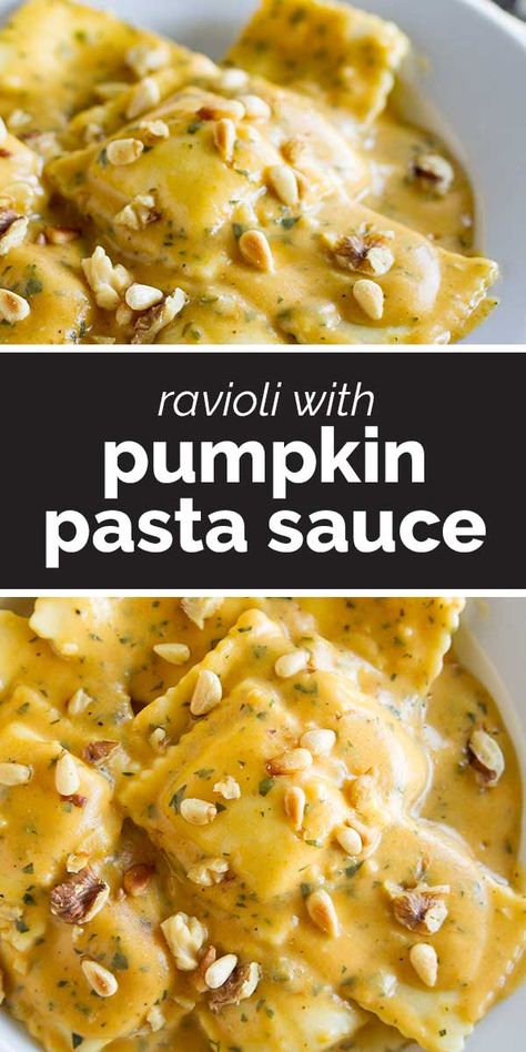 This Ravioli with Pumpkin Pasta Sauce is the perfect fall dinner! Pumpkin, sage and nutmeg add a warm richness to this sauce that is served over ravioli for a comforting and easy fall or winter dinner. #recipe #ravioli #pasta #pumpkin #fall Ravioli With Pumpkin Sauce, Creamy Pumpkin Ravioli, Best Sauce For Pumpkin Ravioli, Pumpkin And Sage Ravioli, Pumpkin Ravioli Sauce Easy, Sauces For Pumpkin Ravioli, Pumpkin Sauce Recipes, Pasta With Pumpkin Sauce, Halloween Ravioli